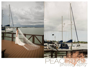 bride walking boat dock resort